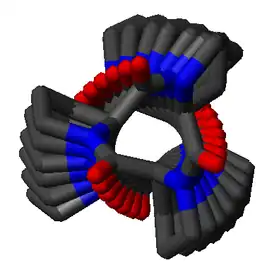 Vue axiale d'une hélice PPI de 20 résidus de proline illustrant le nombre non entier de résidus par tour d'hélice.