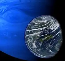 Une planète géante gazeuse de couleur bleue, et une exolune semblable à la Terre.