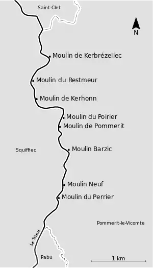 Liste et situation des moulins à eau du Trieux sur la commune de Pommerit-le-Vicomte