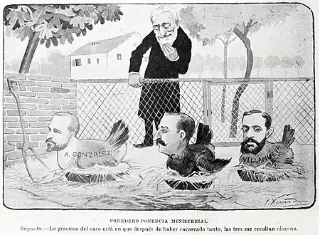 Caricaturé en poule aux côtés d’autres membres du cabinet de Sagasta. Dessin de Joaquín Xaudaró (es).