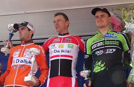 Podium de l'édition 2014 de la Ronde pévéloise : Baptiste Planckaert (2e), Benoît Daeninck (1er) et Cameron Karwowski (3e).