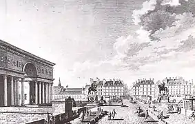 Jacques-Pierre Gisors, arc de triomphe et statue de Louis XVI dominant le pont Neuf.