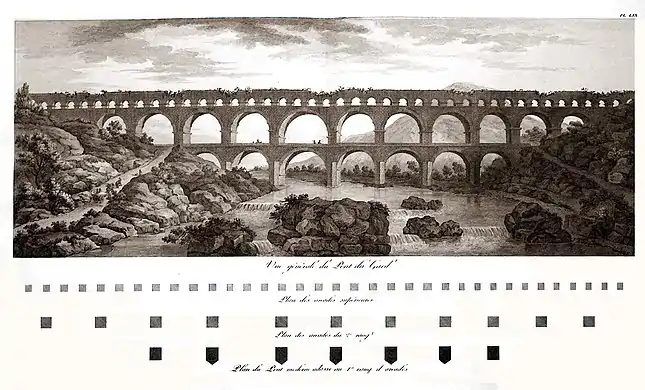 Gravure de Charles-Louis Clérisseau en 1804,montrant l'état fortement dégradé du pont à cette date.
