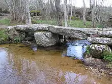 Très vieux pont pour piétons fait de grosses pierres de granite sur le Piou (pont de César)