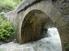 Pont voûté en pierre de la RD 753 au hameau des Andrieux, sur le Riou de Jabron en crue.