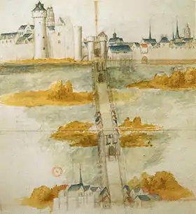 Reproduction d'une aquarelle en couleurs montrant un pont sur un cours d'eau et des murailles en arrière-plan.