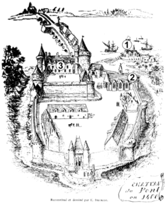 Plan cavalier du château de Pont-l'Abbé en 1400Par E. Ducrest de Villeneuve dans Paysages et Monuments de Bretagne 1893.1 : Chapelle Saint-Jean.2 : Chapelle Saint-Tudy (Chapelle du château).3 : Corps de logis.