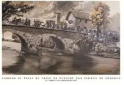 Gli austriaci caricano inutilmente per l'ultima volta nel tentativo di riprendere il ponte strategico di Turbigo sul Naviglio Grande (quadro realizzato per il 220° anniversario).