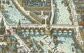 Plan de Mérian montrant une vue aérienne du pont neuf en 1615.