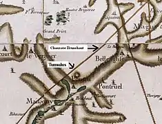 Emplacement du tumulus au sud de laChaussée Brunehaut sur la carte de Cassini vers 1750.