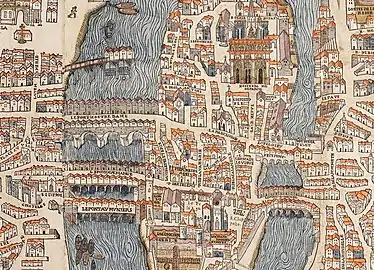 Dessin en vue aérienne de l'île de la Cité avec ses rues, ponts et bâtiments.