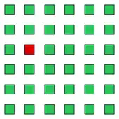 Quadrillage de trente-cinq carrés verts et d'un carré rouge.