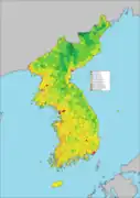 Carte de la Corée en fonction de la densité de population.