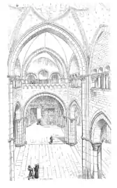 Vue en perspective de l'intérieur du narthex, prise de la galerie qui traverse la façade.