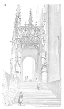 Dessin noir et blanc d'un escalier entre un mur à gauche et la cathédrale à droite, montant vers un porche en pierre très ouvragé de style gothique.