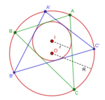 Deux triangles poristiques ABC et A'B'C' par rapport aux cercles I( r ) et O(R)