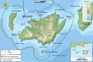 Fond de carte topograhpique représentant l'île de Port-Cros et ses îlots (Gabinière, ...) ainsi que l'île de Bagaud.