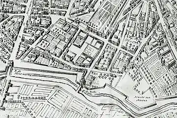 Marché aux chevaux du bastion de Gramont de l'enceinte de Louis XIII (ou des Fossés jaunes) sur le plan Boisseau (1648).