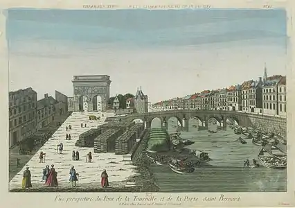 Vue d'optique de la porte Saint-Bernard et, au premier plan, du pont de la Tournelle au XVIIIe siècle. La vue d'optique étant inversée, la gravure est prise de l'intérieur de la ville, vers l'est.