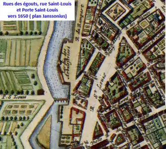 Rue Saint-Louis et porte Saint-Louis sur plan JanssoniusJanssonius (vers 1640).
