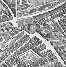 En 1739 : la rue Saint-Antoine (à droite) débouchant sur la porte Saint-Antoine (plan de Turgot).