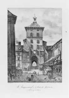 Lithographie de Philippe de Fégely (1830) en noir et blanc de la porte de Jacquemart, détruite en 1853. On distingue une tour fortifiée surmontée d'un clocher, percée en son soubassement d'une porte d'accès à une cours intérieure.