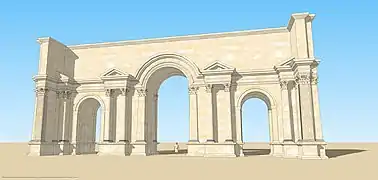Restitution 3D de la porte d'entrée romaine de la ville d'Anazarba, en Cilicie.
