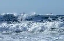De grandes vagues se brisent sur le rivage, tandis que des navires de commerce passent au loin.