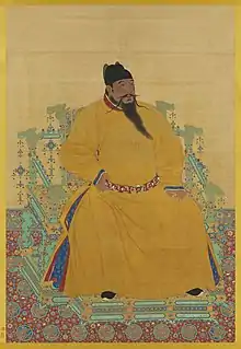 Portrait de l'empereur Yongle, dynastie Ming. Rouleau mural, encre et couleurs sur soie, 220 x 150 cm. Musée national du palais, Taipei.