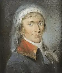 Pastel représentant un portrait du général vendéen Charette, coiffé d'un mouchoir de tête, avec une veste bleue à revers rouge.