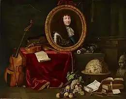 Tableau présentant Louis XIV en protecteur des arts et des sciences.