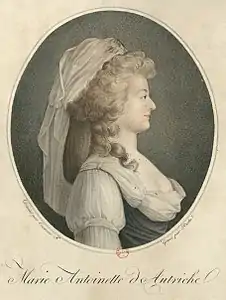 Portrait de Marie-Antoinette d'Autriche dit « en bergère » (1791), gravure rehaussée d'après Césarine Franck