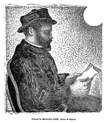 Le peintre est assis de profil, chapeau sur la tête, barbe et petites lunettes.