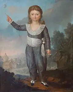 Le dauphin Louis-Joseph, École Française du XVIIIe siècle (l'enfant est raide, probablement à cause du corset qu'il doit porter)