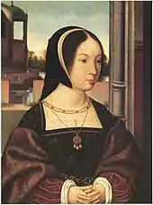 Portrait à l'huile d'une femme, main croisée sur le ventre, coiffée d'un foulard noir.