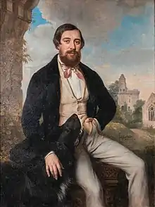 René Théodore Berthon, Portrait de François Alfred Walsh (1814-1876), avec son chien devant le château du Plessis-Macé, 1847