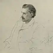 Portrait dessiné d'un homme en buste assis de trois-quart.