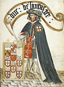 Miniature montrant le duc de Lancastre, debout, en armure et avec une cape. Son titre apparaît dans un bandeau au-dessus de sa tête.