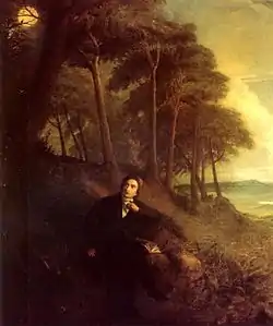 Keats assis à l'orée d'un bois sur un terrain pentu ; pleine lune, ciel orageux, paysage au loin ; poète se détournant d'un livre vers un arbre où se détache un rossignol sur fond de lune