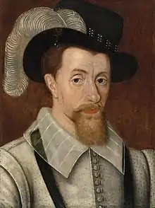 Peinture d'époque. Portrait. Courts cheveux, moustache et long bouc roux. Vêtu de gris. Chapeau noir à plume grise, incliné sur le côté.