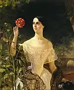 Karl Brioullov - Portrait de Sofia Andreïevna Bobronskaïa née Chouvalova observant une fleur (1849)