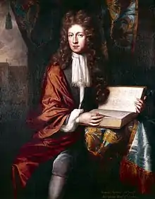 Peinture représentant un portrait en pied d'un homme perruqué et tenant un livre à la main.