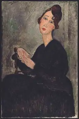 Peinture d'une jeune femme assise de profil en robe noire, visage tourné vers le spectateur