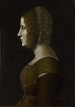 Peinture. Portrait en buste sur fond noir d'une femme vue de profil