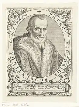 Gravure iconographique figurant du philologue, historiographe et humaniste florentin Piero Vettori (1499 - 1585) en buste.