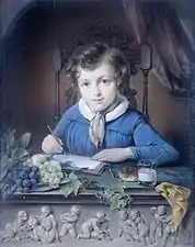 Portrait d'un garçon assis près d'une fenêtre et vêtu d'une veste bleue, Jean Augustin Daiwaille, entre 1830 et 1850. On distingue un kretenbol.