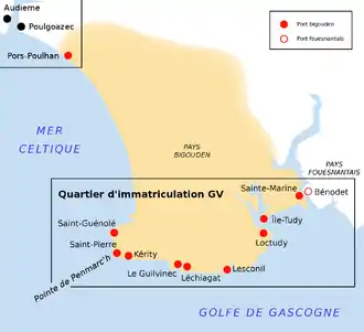 Carte du pays Bigouden. Au nord-ouest, Pors Poulhan est proche des ports capistes d'Audierne et de Poulgoazec. Au sud, sont groupés et encadrés les 9 ports du quartier d'immatriculation GV.