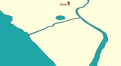 Emplacement du bassin hexagonal de Portus en 2016, la mer ayant reculé.