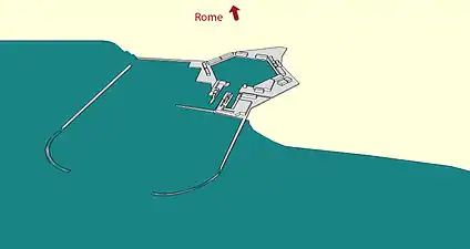 Emplacement du bassin hexagonal de Portus sous Trajan, la mer étant avancée dans les terres.