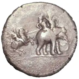 Monnaie représentant Alexandre à cheval chargeant Poros monté sur un éléphant
